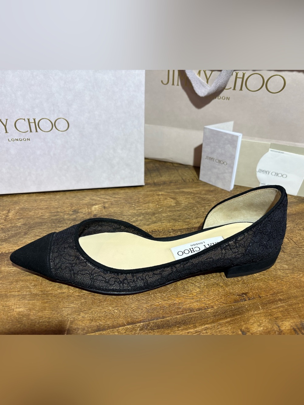 Jimmy Choo Black Lace Pointed D'Orsay Flat
